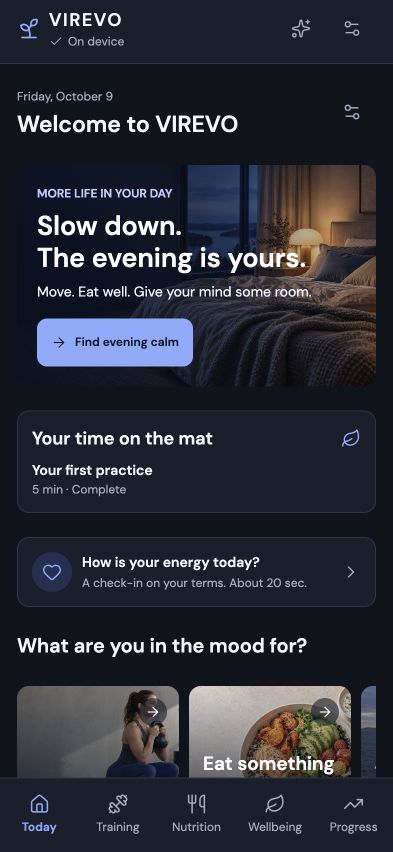 Development preview of VIREVO's Today screen, showing training, food and wellbeing in one overview